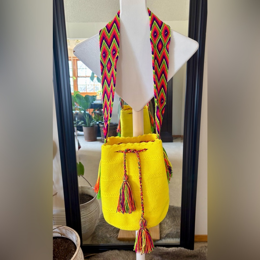 WAYUU MOCHILA Yellow Handmade Crochet Crossbody Bucket Bag